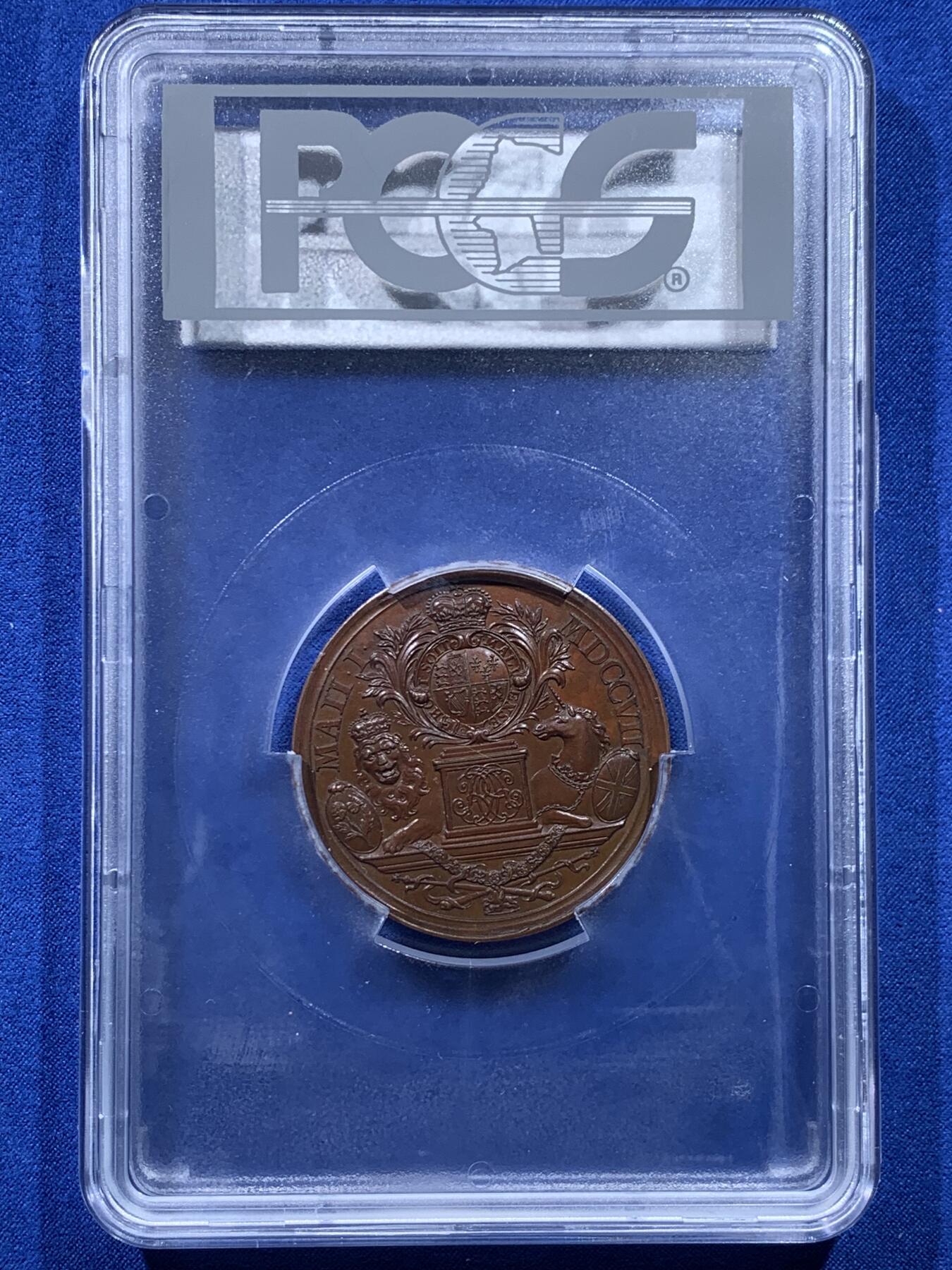《竞宝斋》第438场 周日，周一，周二 3场连拍 （全场包邮） PCGS SP63 1707年苏格兰与英格兰联合铜章，John Croker雕刻，PCGS大盒封装。