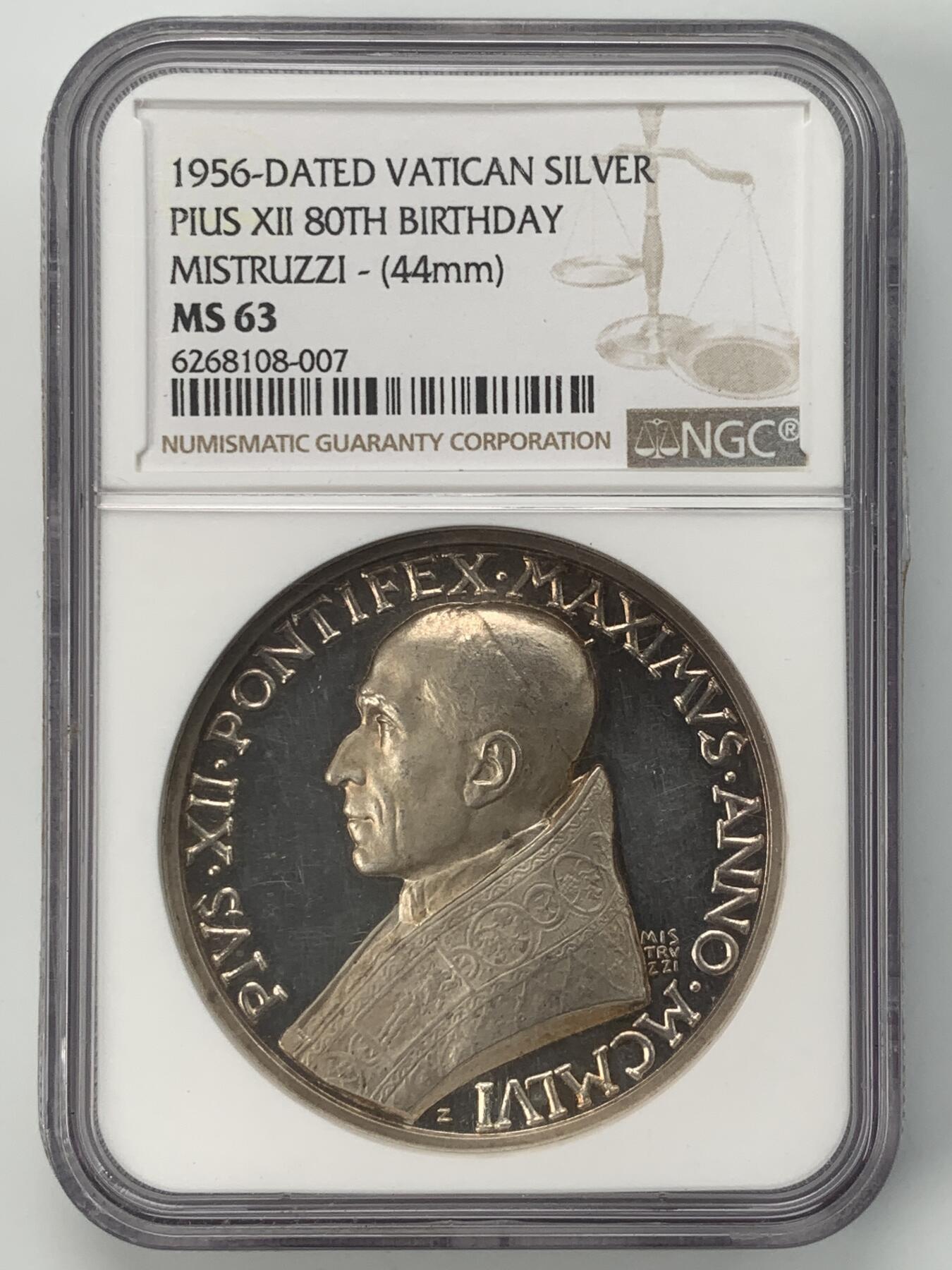 掌中浮雕-藏着的欧洲第042场 NGC MS63 : 1956年梵蒂冈教皇庇护十二世80大寿纪念银章，44mm