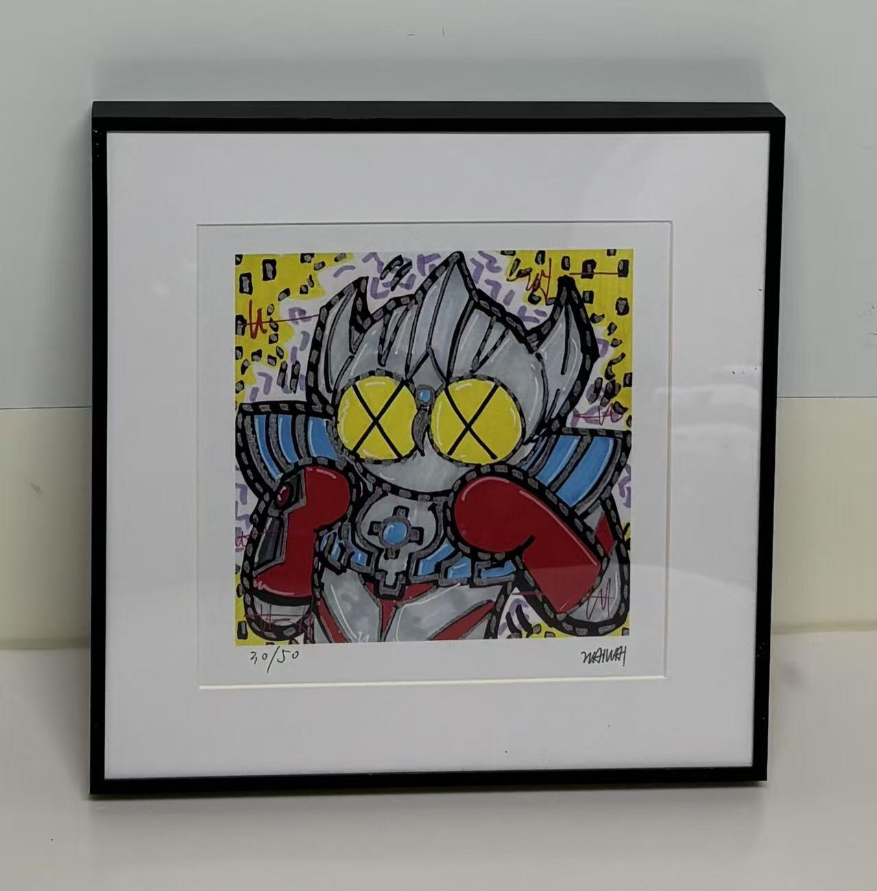 零元拍：歪歪亲笔签名 OWSON 系列作品装饰画《奥特曼》，已做装裱 合金相框尺寸25/25CM。因展品出展，镜框或亚克力可能有轻微划痕，介意勿拍