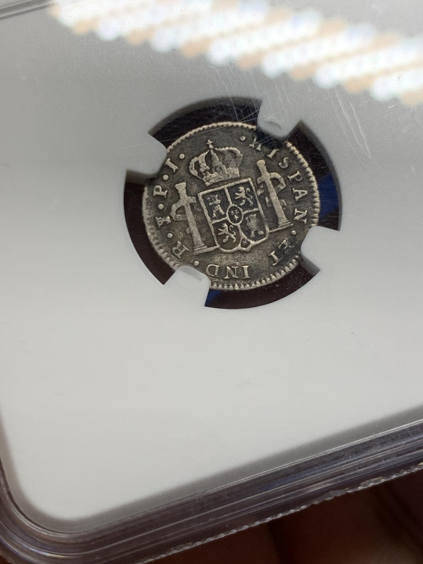 《竞宝斋》第438场 周日，周一，周二 3场连拍 （全场包邮） NGC VF30 玻利维亚 1818PTS PJ 斐迪南七世1/2R银币，不多见的品种，年份不错