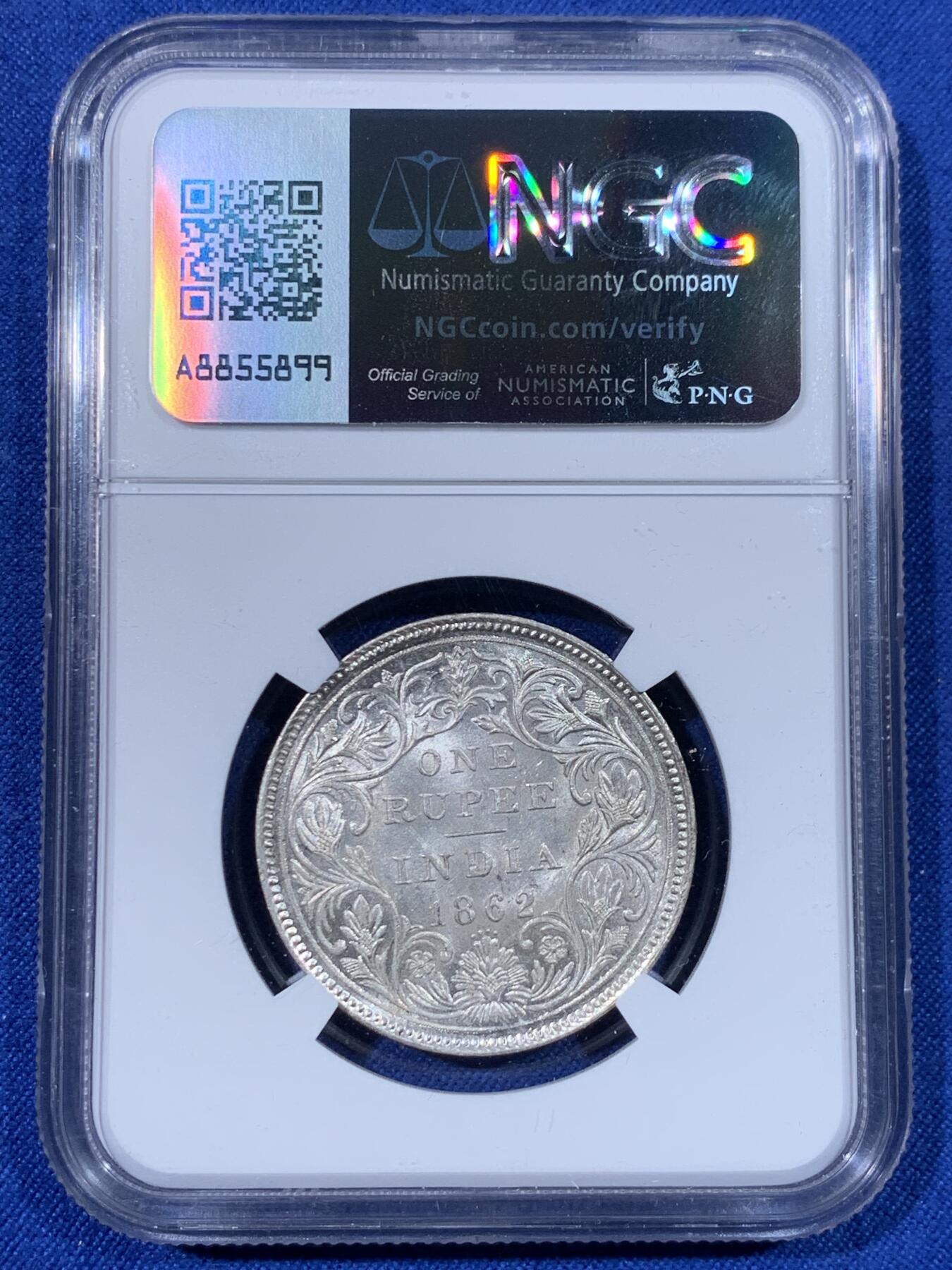 《竞宝斋》第438场 周日，周一，周二 3场连拍 （全场包邮） NGC MS61 英属印度 1862年 维多利亚 1卢比 银币 原光好品