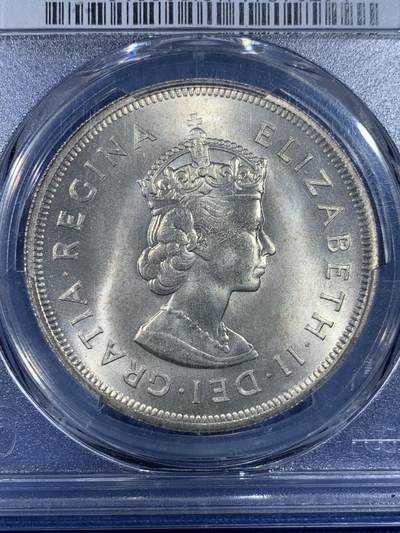 《竞宝斋》第438场 周日，周一，周二 3场连拍 （全场包邮） PCGS MS67 英属百慕大1959年伊丽莎白二世1克朗大银币，高分好品。
