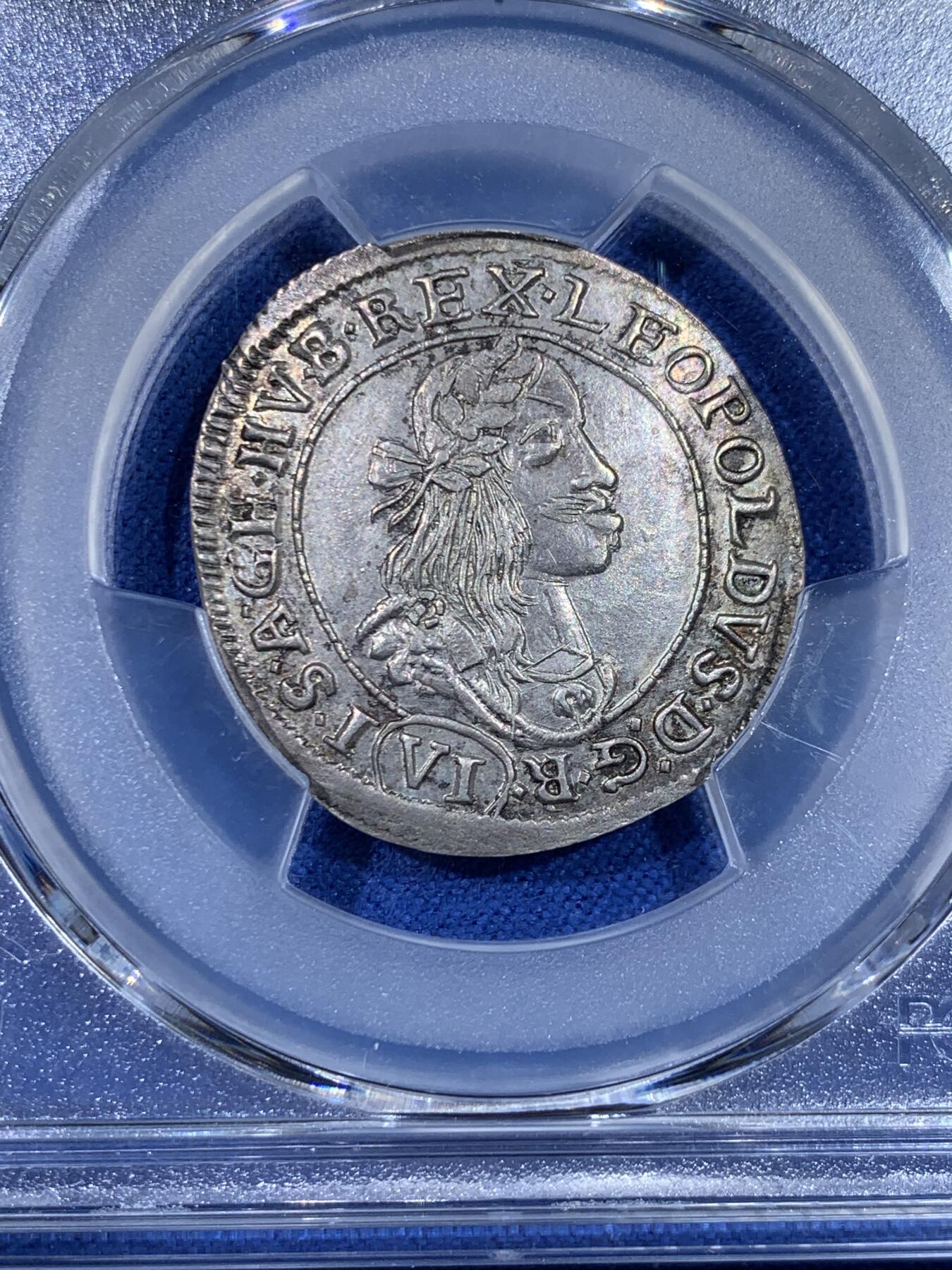 《竞宝斋》第438场 周日，周一，周二 3场连拍 （全场包邮） PCGS MS62 神圣罗马帝国1674年利奥波德皇帝6克鲁泽银币 亚军分，更高分仅1枚，少见原光好品相，发丝细节打制清楚