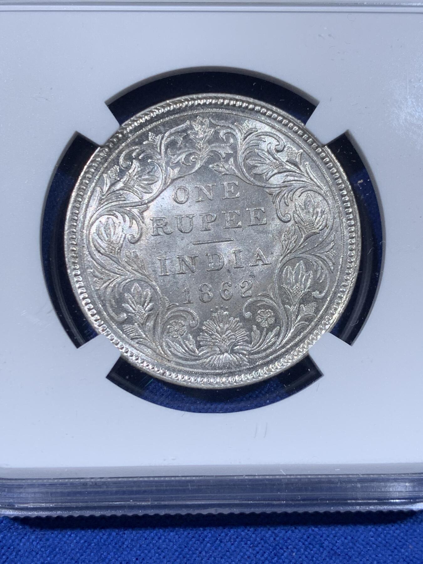 《竞宝斋》第438场 周日，周一，周二 3场连拍 （全场包邮） NGC MS61 英属印度 1862年 维多利亚 1卢比 银币 原光好品