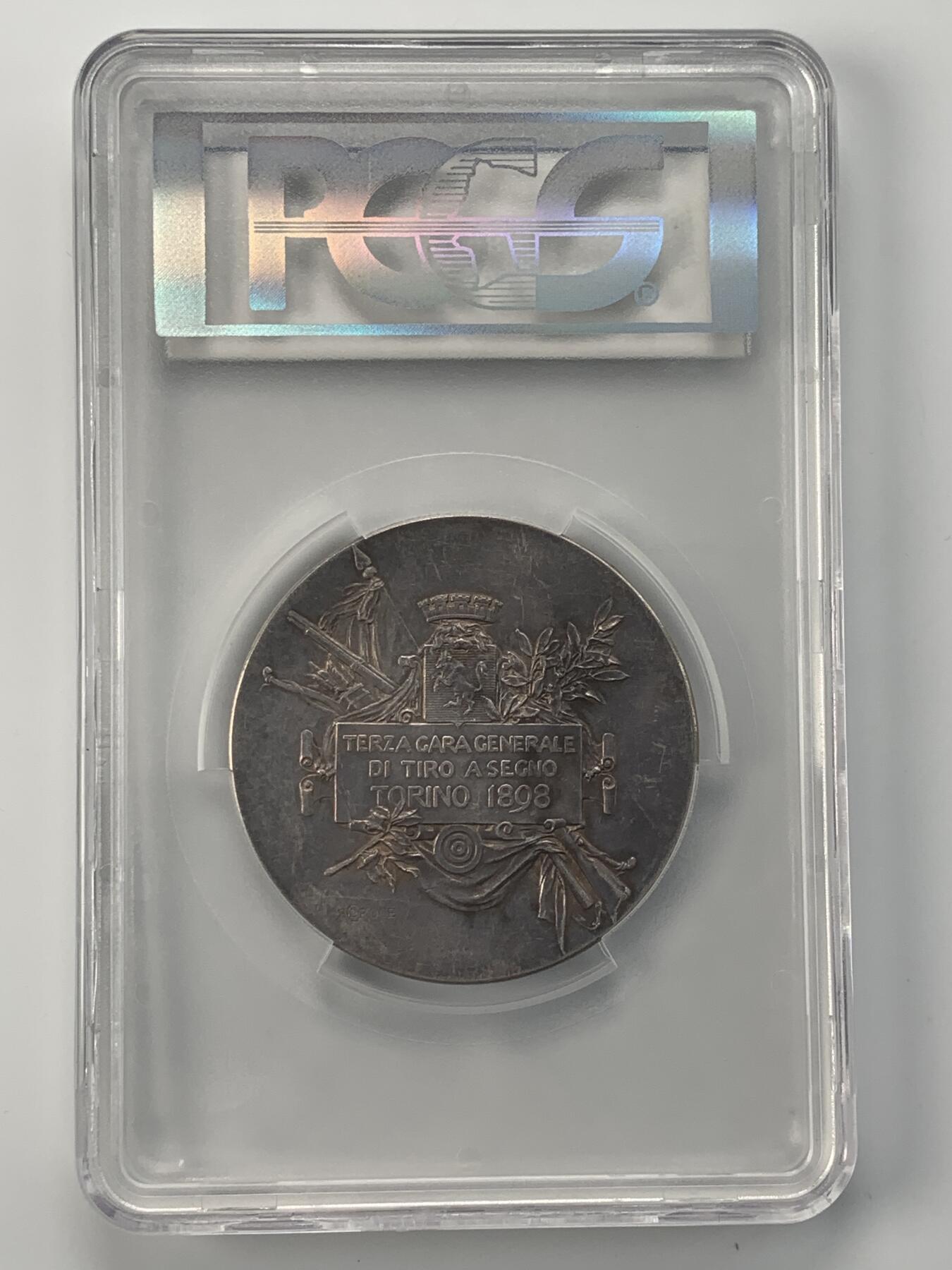 掌中浮雕-藏着的欧洲第042场 PCGS SP58: 1898年意大利第三届都灵射击节银章，60.5mm ,稀少品种