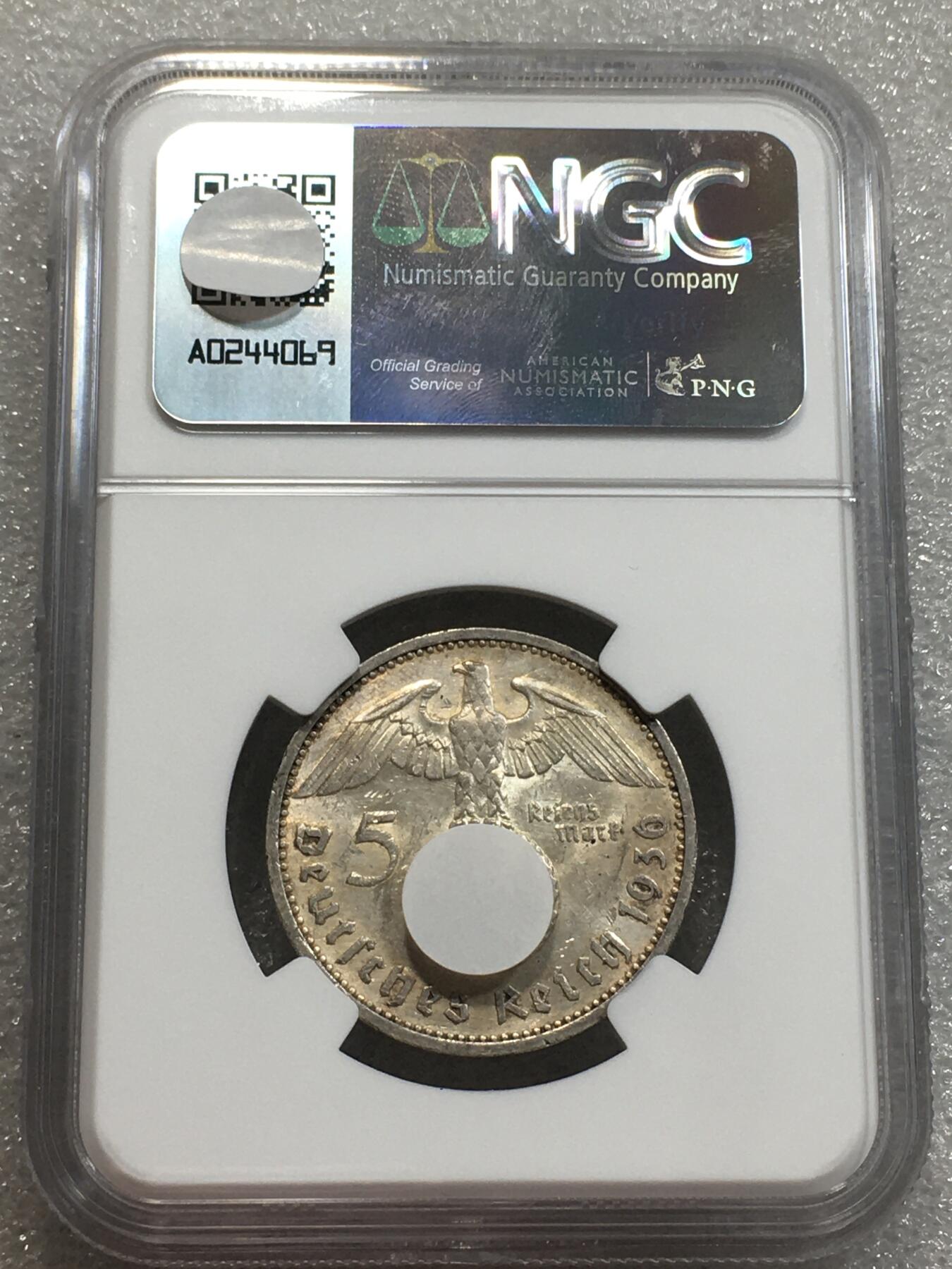 世界钱币专场拍卖 每周二开拍 NGCMS61德国1936年E厂兴登堡5马克银币