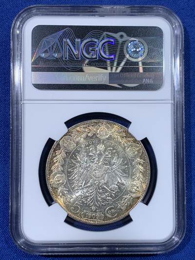 《竞宝斋》第438场 周日，周一，周二 3场连拍 （全场包邮） NGC AU55 奥地利1909年弗兰茨约瑟夫一世免冠像5克朗银币 大头版淡金色环彩包浆