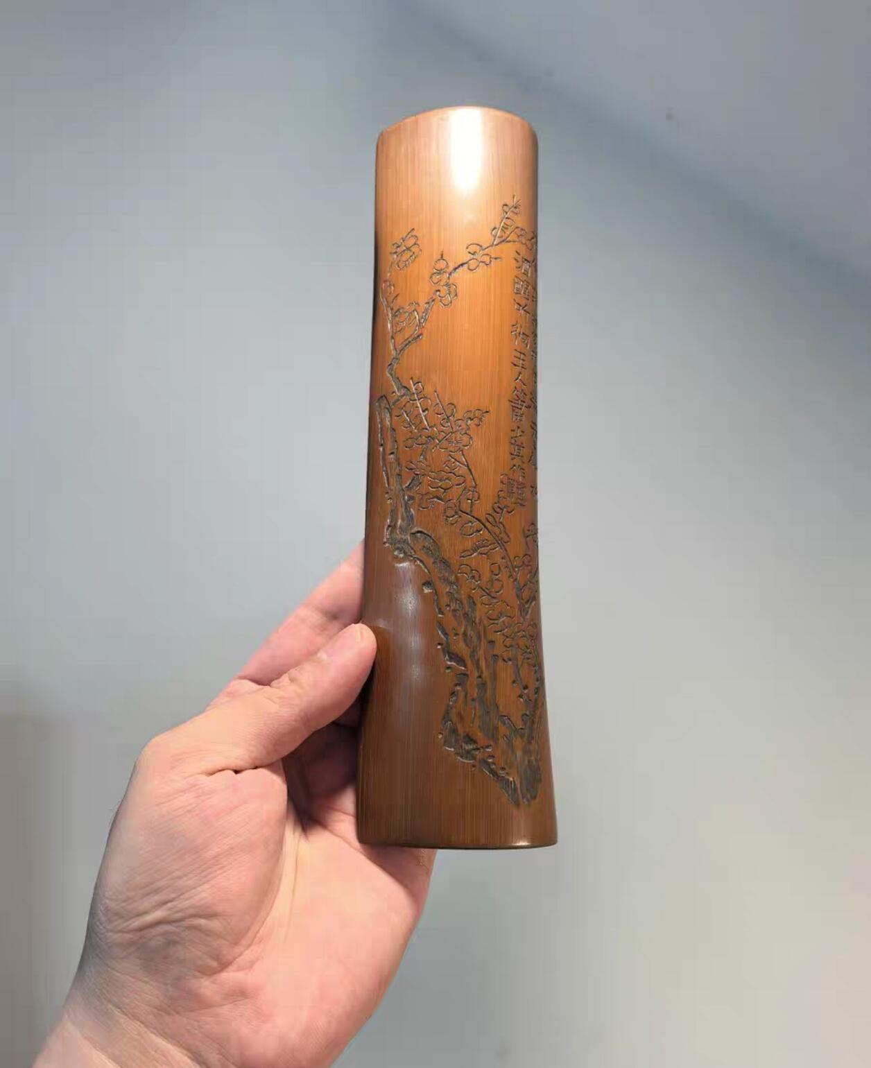 兰馨堂古玩杂项专场 老竹雕书卷式臂搁诗文梅花臂搁镇纸摆件 
