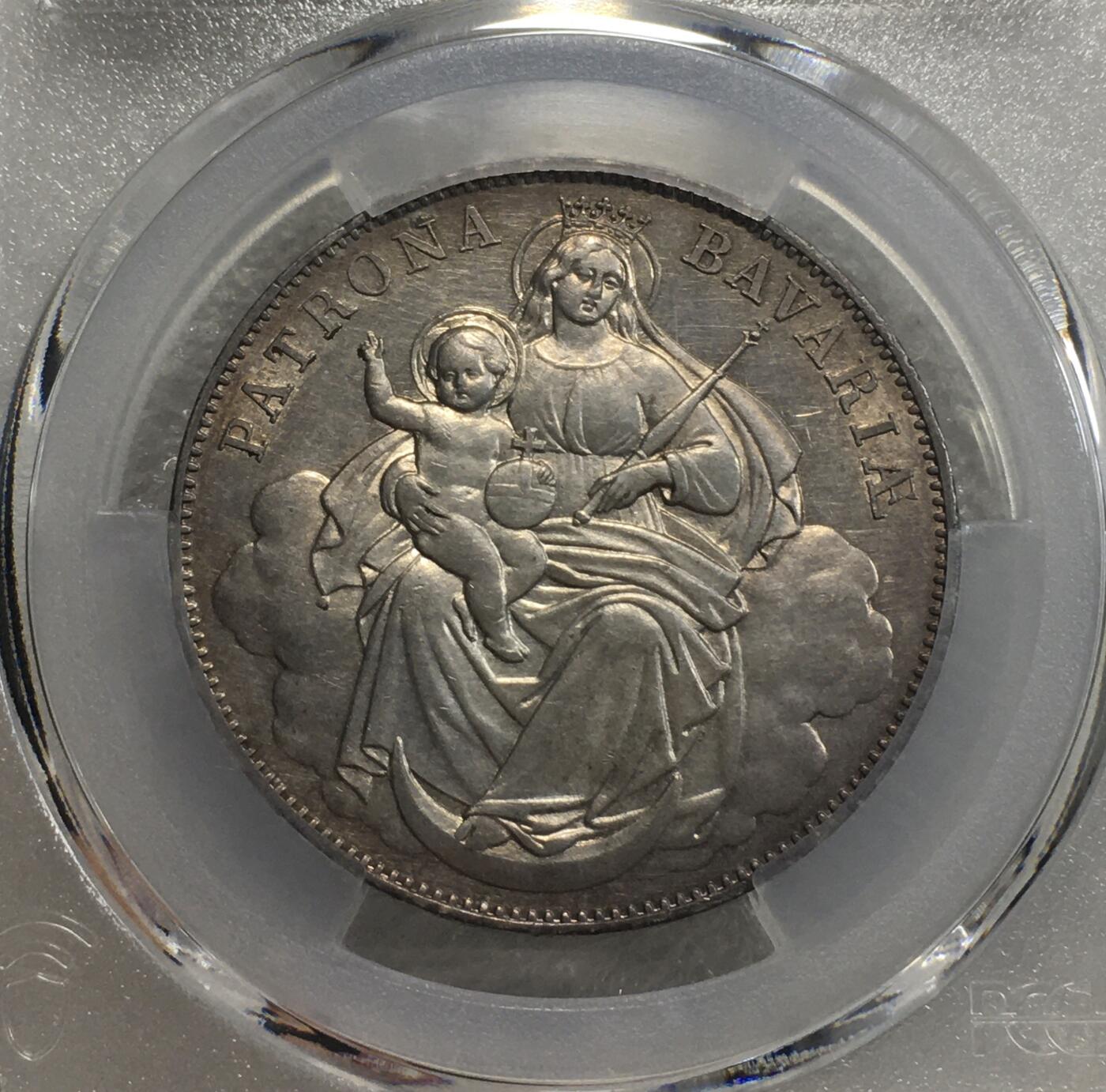 世界钱币专场拍卖 每周二开拍 PCGSAU58首发年德国巴伐利亚1865年路德维西二世圣母抱婴1泰勒银币