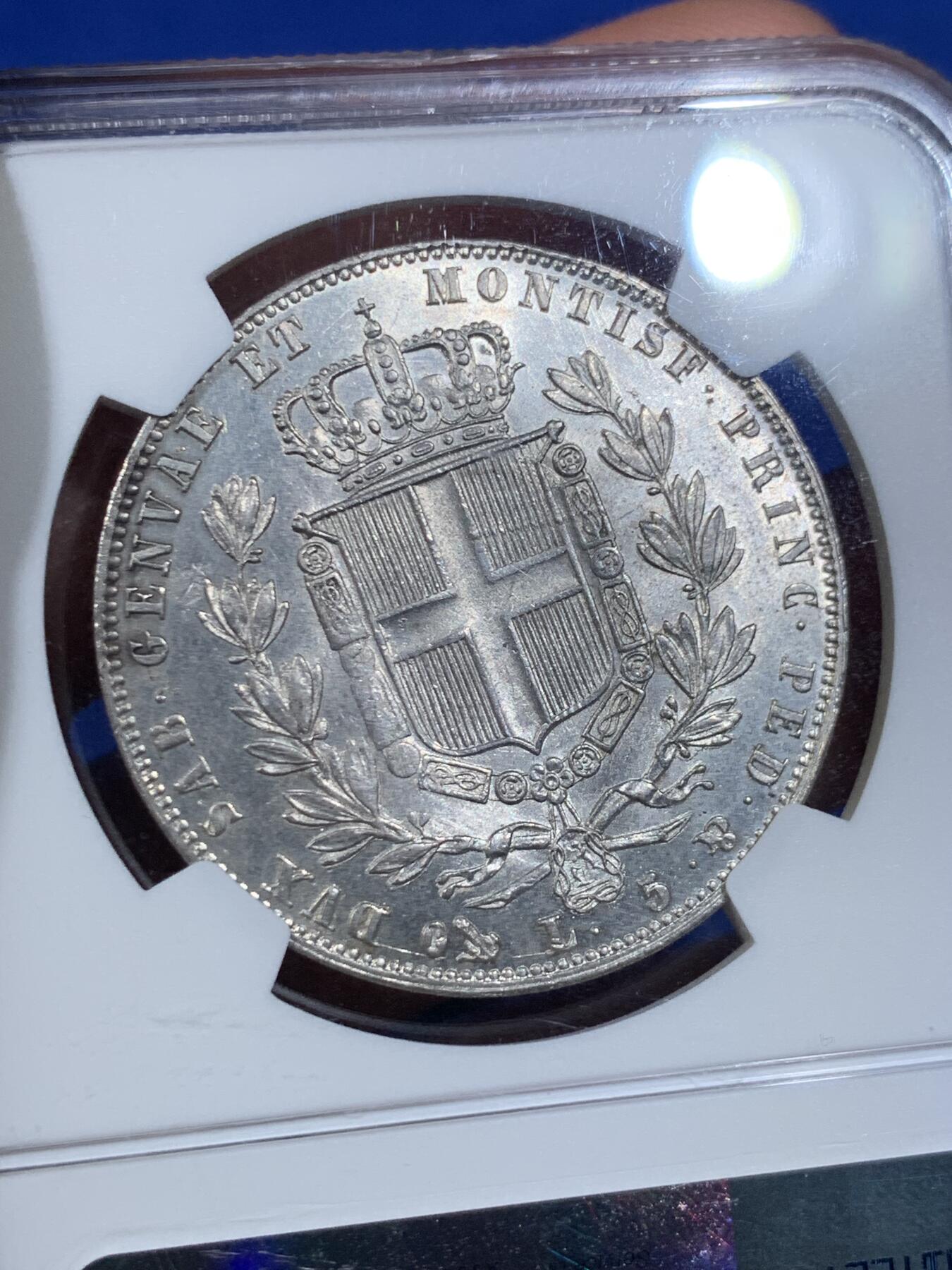 《竞宝斋》第438场 周日，周一，周二 3场连拍 （全场包邮） NGC MS61 意大利撒丁 1849年 卡洛·阿尔贝托 5里拉银币 稀有品种 意邦核心 FDC状态近两年参考落锤价格2500美元以上