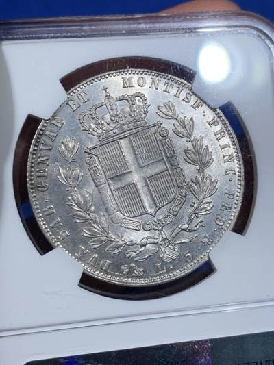 《竞宝斋》第438场 周日，周一，周二 3场连拍 （全场包邮） NGC MS61 意大利撒丁 1849年 卡洛·阿尔贝托 5里拉银币 稀有品种 意邦核心 FDC状态近两年参考落锤价格2500美元以上