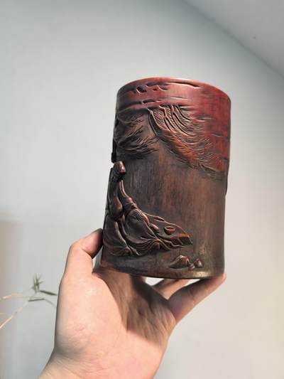 竹雕——《太白醉酒》笔筒 