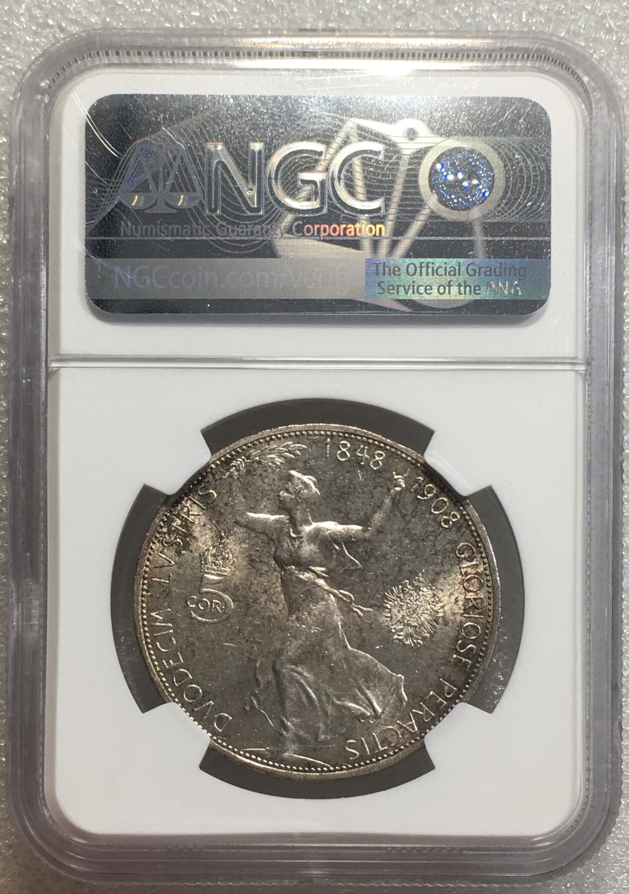 世界钱币专场拍卖 每周二开拍 NGCMS62奥地利1908年弗朗茨约瑟夫登基60周年5克朗银币