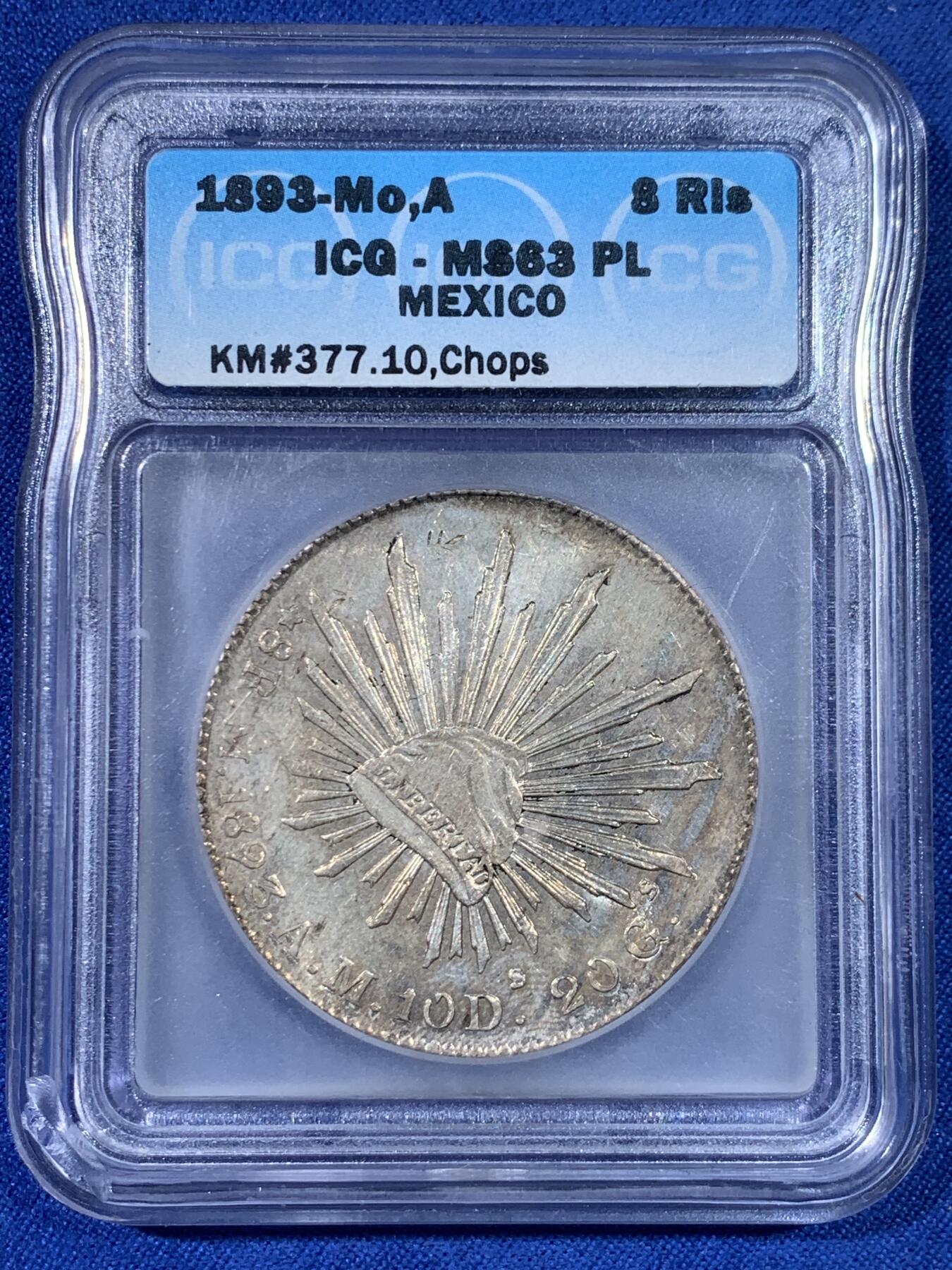 《竞宝斋》第438场 周日，周一，周二 3场连拍 （全场包邮） ICG MS63PL 墨西哥1893年MO AM鹰洋 ICG腰线老盒严评，双面镜面PL效果明显，金色彩浆，自由帽面“天”字硬戳 鹰面有铸缺，细节见图。