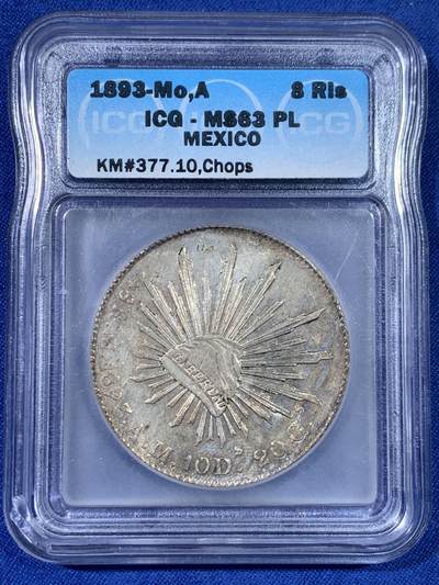 《竞宝斋》第438场 周日，周一，周二 3场连拍 （全场包邮） - ICG MS63PL 墨西哥1893年MO AM鹰洋 ICG腰线老盒严评，双面镜面PL效果明显，金色彩浆，自由帽面“天”字硬戳 鹰面有铸缺，细节见图。