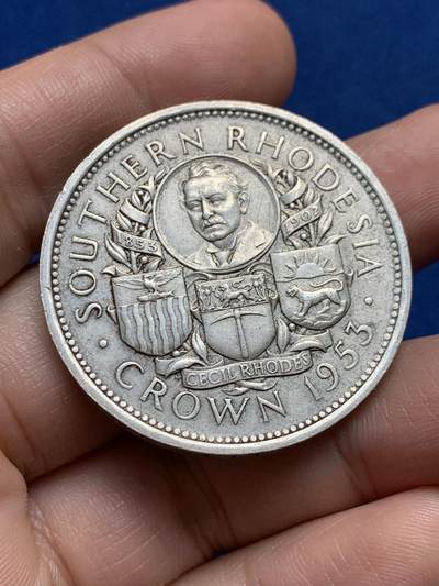 《竞宝斋》第438场 周日，周一，周二 3场连拍 （全场包邮） - 南罗德西亚（津巴布韦）1953年纪念罗德斯诞辰一百周年一克朗大银币