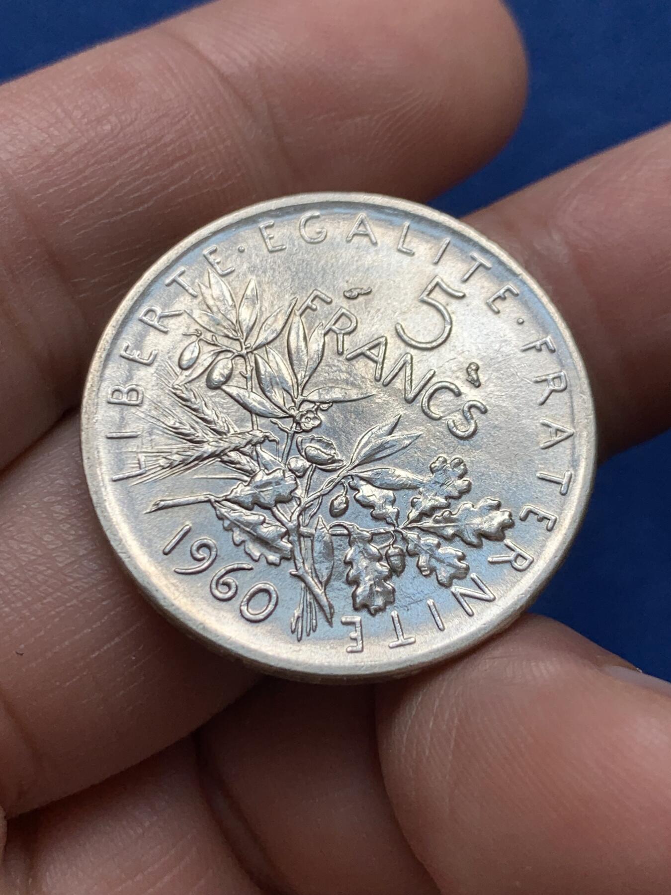 《竞宝斋》第438场 周日，周一，周二 3场连拍 （全场包邮） 法国 1960年 谷物女神 5法郎 银币