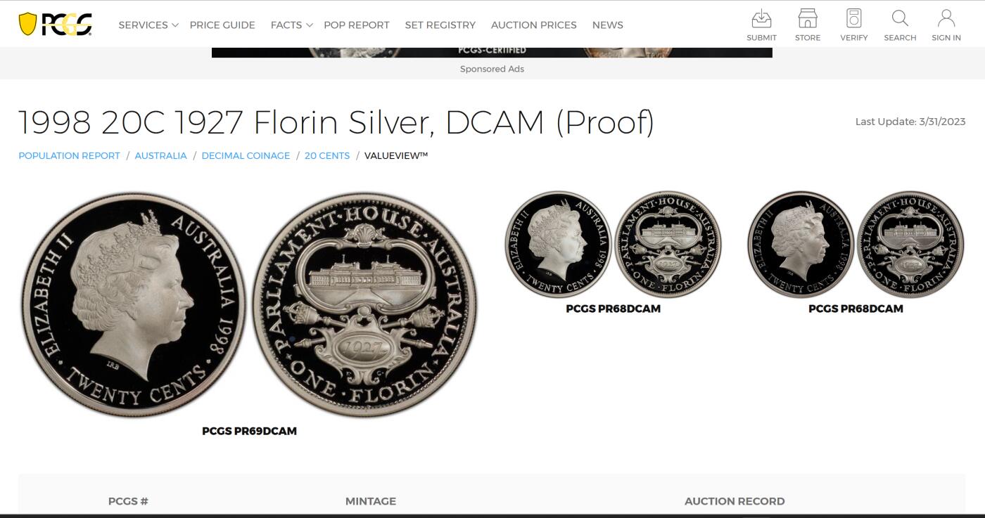 PThappally收藏第54次拍卖，英联邦地区硬币纸币 澳大利亚 1998 20分 13.36 g 银币 PCGS PR68DCAM