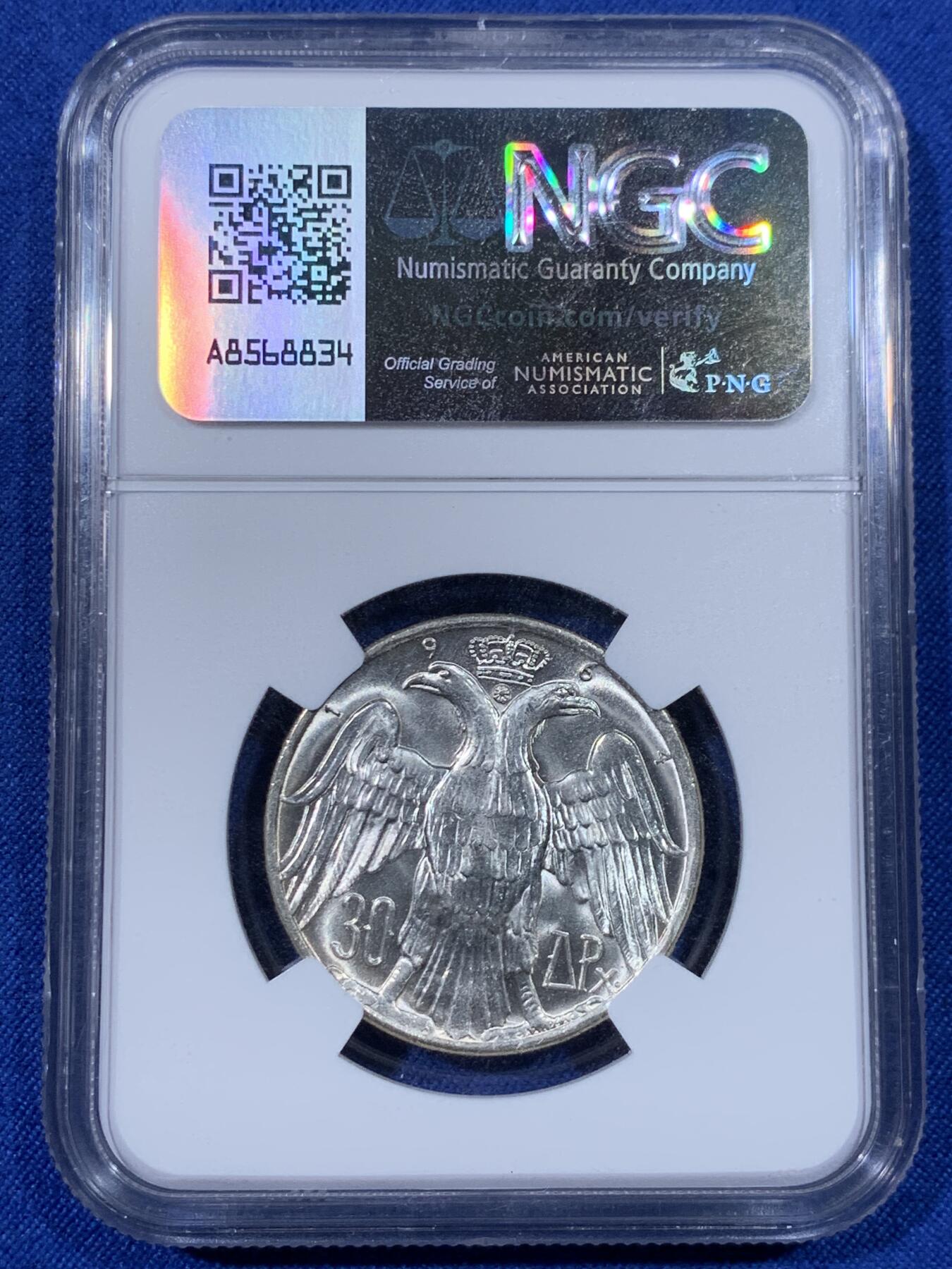 《竞宝斋》第438场 周日，周一，周二 3场连拍 （全场包邮） NGC MS65 希腊1964年康斯坦丁二世皇室婚礼30德拉马克银币，银光闪闪，转光强烈细节优秀，状态极佳。