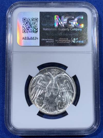 《竞宝斋》第438场 周日，周一，周二 3场连拍 （全场包邮） NGC MS65 希腊1964年康斯坦丁二世皇室婚礼30德拉马克银币，银光闪闪，转光强烈细节优秀，状态极佳。