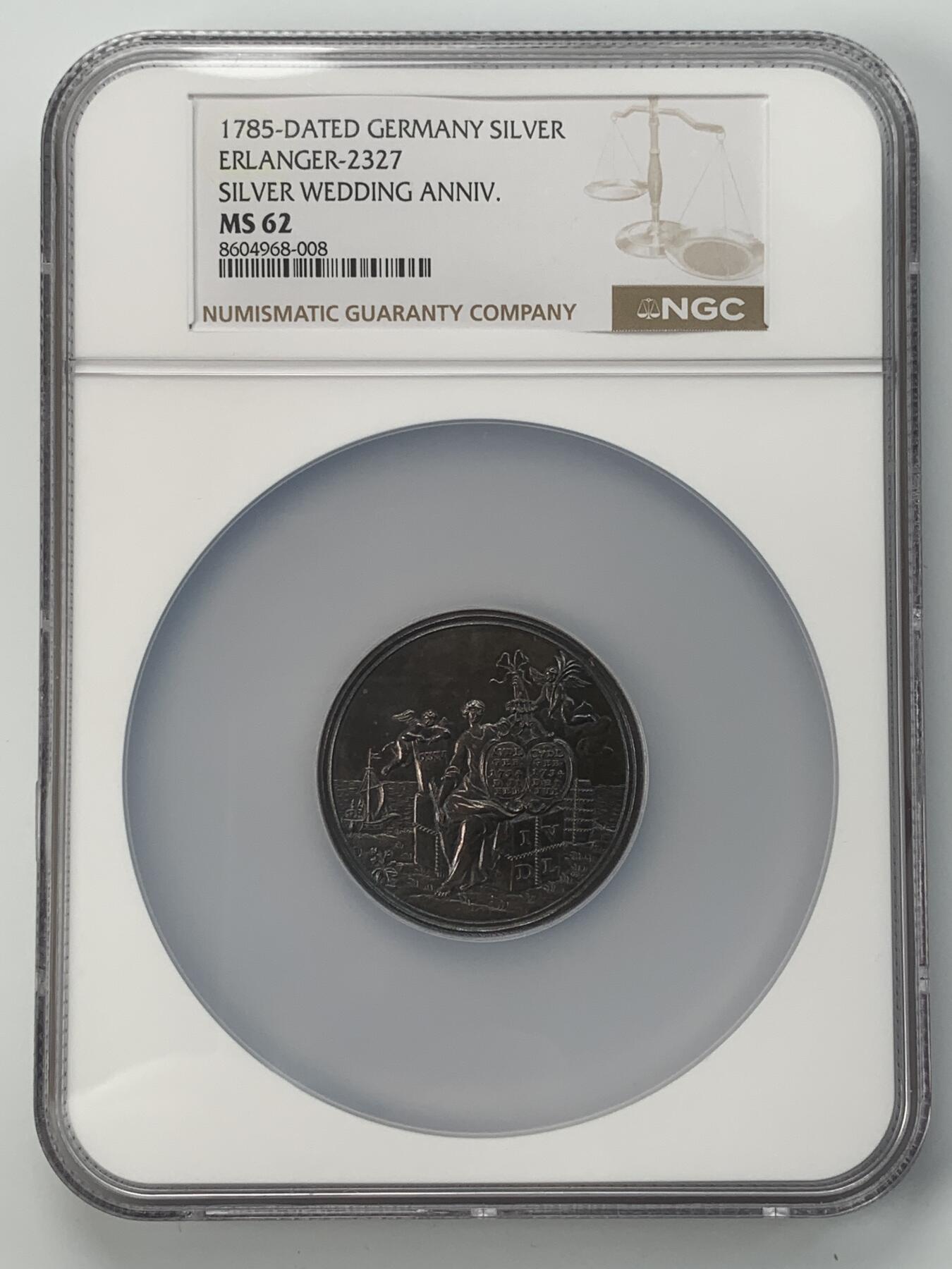 掌中浮雕-藏着的欧洲第042场 NGC MS62 : 1785年德国纺织业主约翰·冯德莱恩与卡塔琳娜·戈延银婚纪念银章，46mm, 五彩包浆