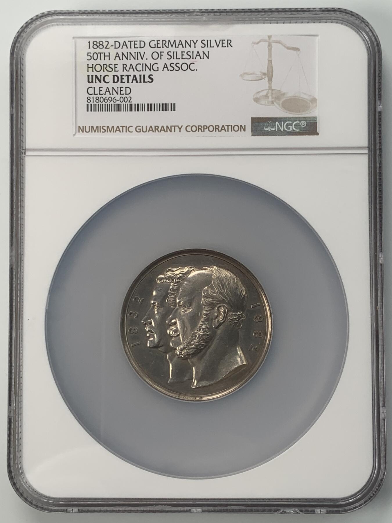 掌中浮雕-藏着的欧洲第042场 NGC UNC : 1882年西里西亚赛马俱乐部成立50周年银章，Emil Weigand 和 Friedrich Wilhelm Kullrich雕刻，50mm