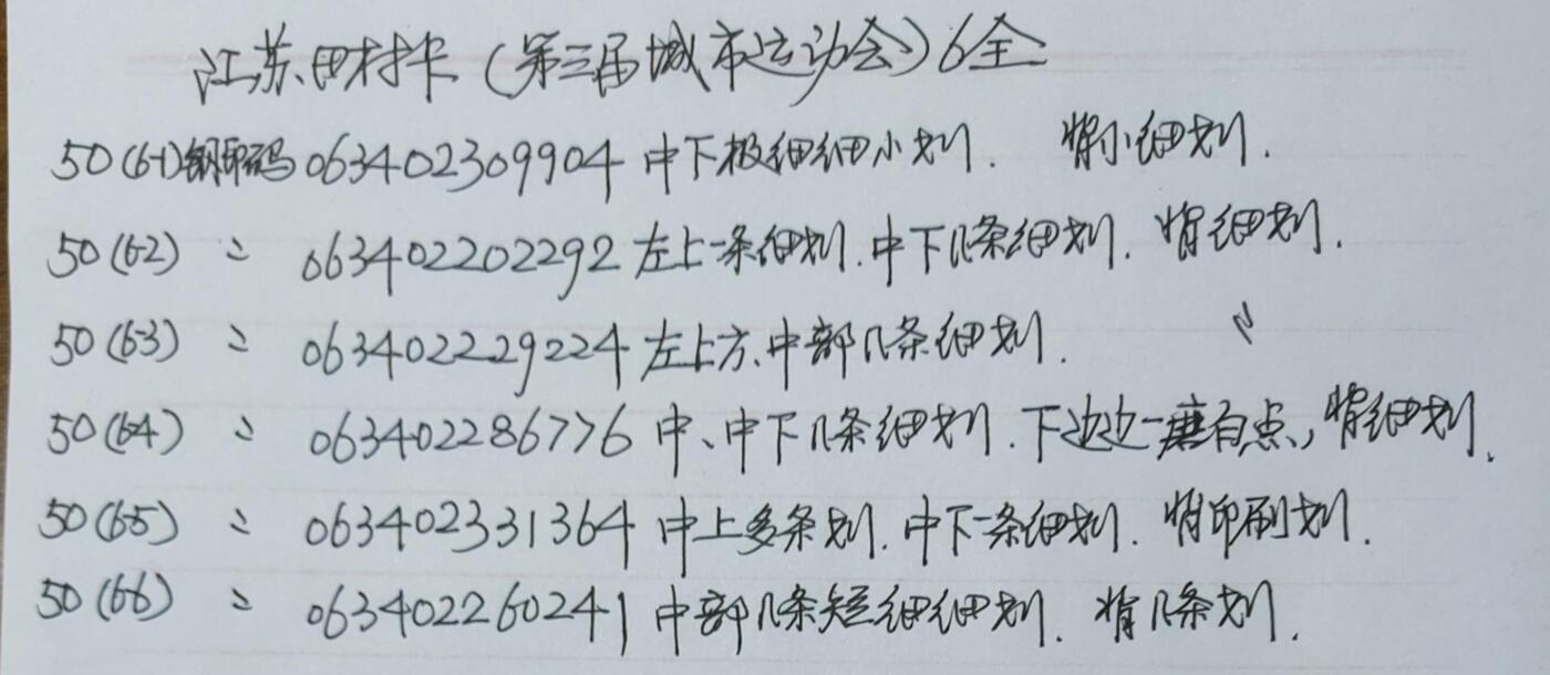 公藏第58期裸卡拍卖 江苏田村卡【第三届全国城市运动会】6全品相钢印码见描述。