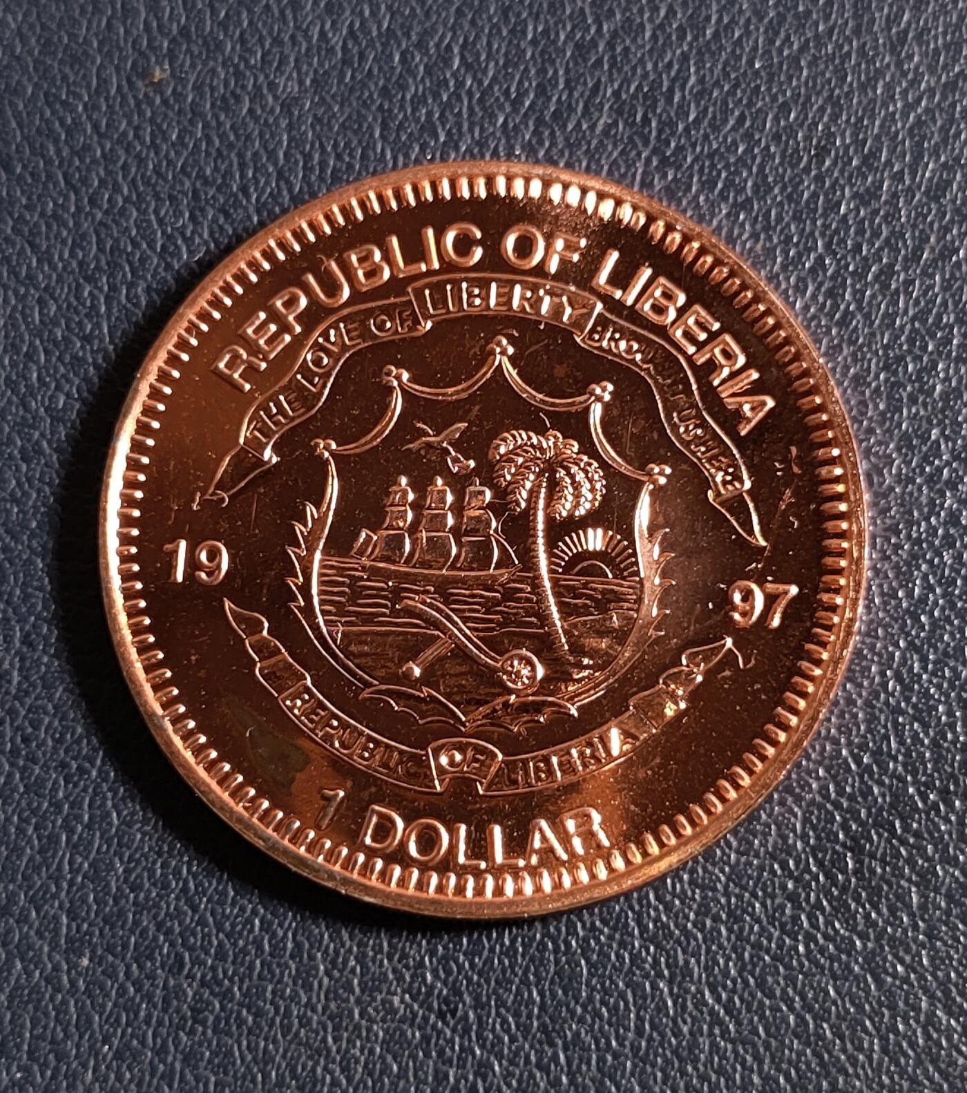 世界各国普、纪币捡漏专场(第十九场) 稀少 1997年利比里亚AZA物种生存计划～保护中国珍稀大熊猫1元铜币