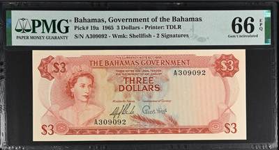 【礼羽收藏】🌏世界钱币拍卖第112期 - 巴哈马3元 1965首发A冠 政府版 无47 PMG66