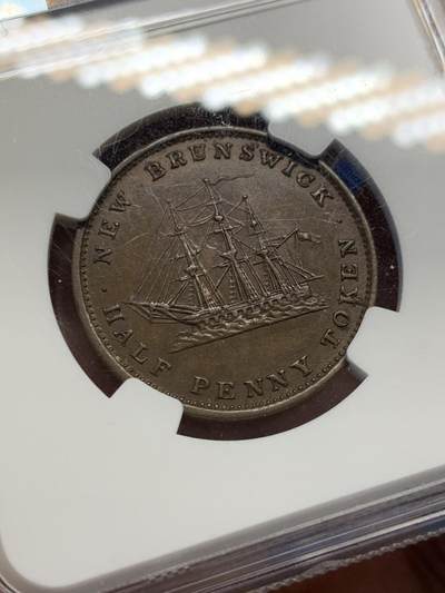 《竞宝斋》第438场 周日，周一，周二 3场连拍 （全场包邮） NGC AU58BN 加拿大1843年不伦瑞克半便士，细节不错，少见品种，目录价高，58已经难得