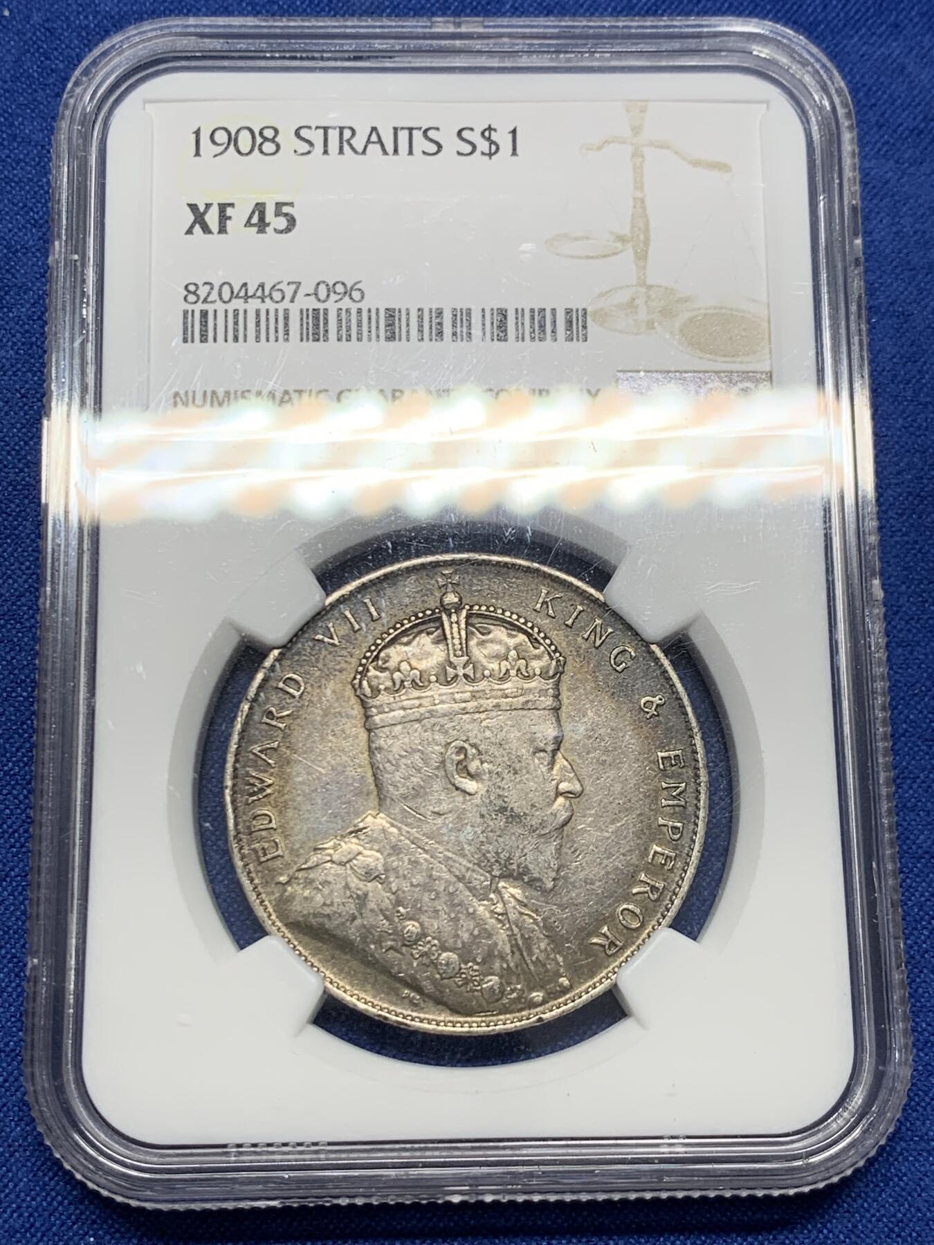 《竞宝斋》第438场 周日，周一，周二 3场连拍 （全场包邮） NGC XF45 海峡1908年 爱德华七世 一圆银币 ，双面深彩包浆，此枚人物细节不错