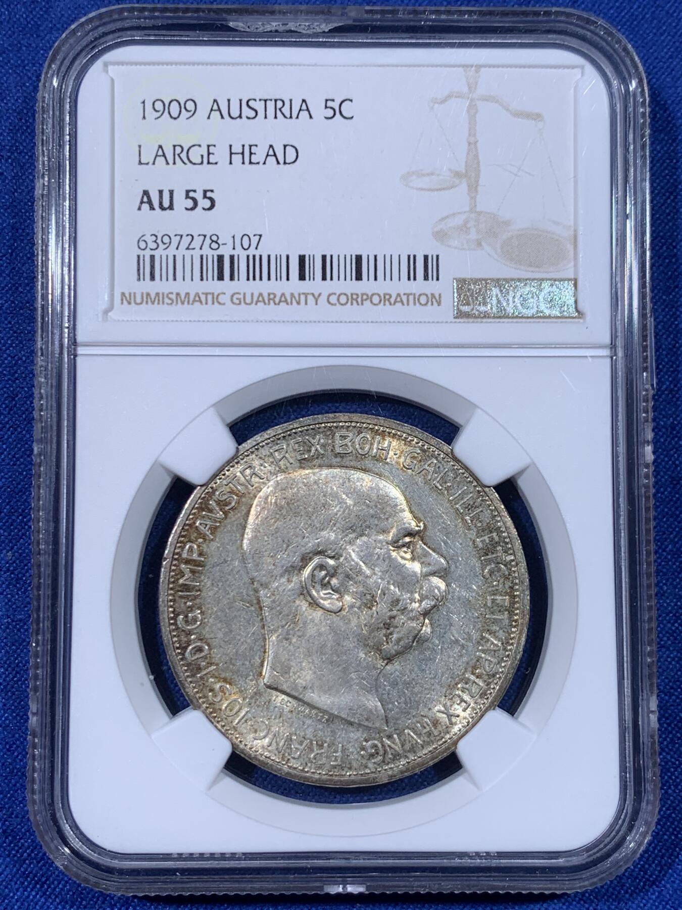 《竞宝斋》第438场 周日，周一，周二 3场连拍 （全场包邮） NGC AU55 奥地利1909年弗兰茨约瑟夫一世免冠像5克朗银币 大头版淡金色环彩包浆