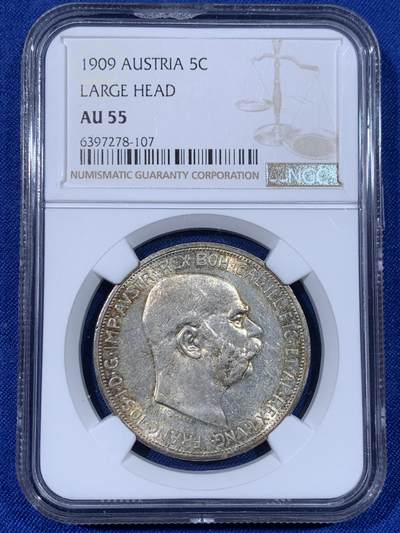 《竞宝斋》第438场 周日，周一，周二 3场连拍 （全场包邮） - NGC AU55 奥地利1909年弗兰茨约瑟夫一世免冠像5克朗银币 大头版淡金色环彩包浆