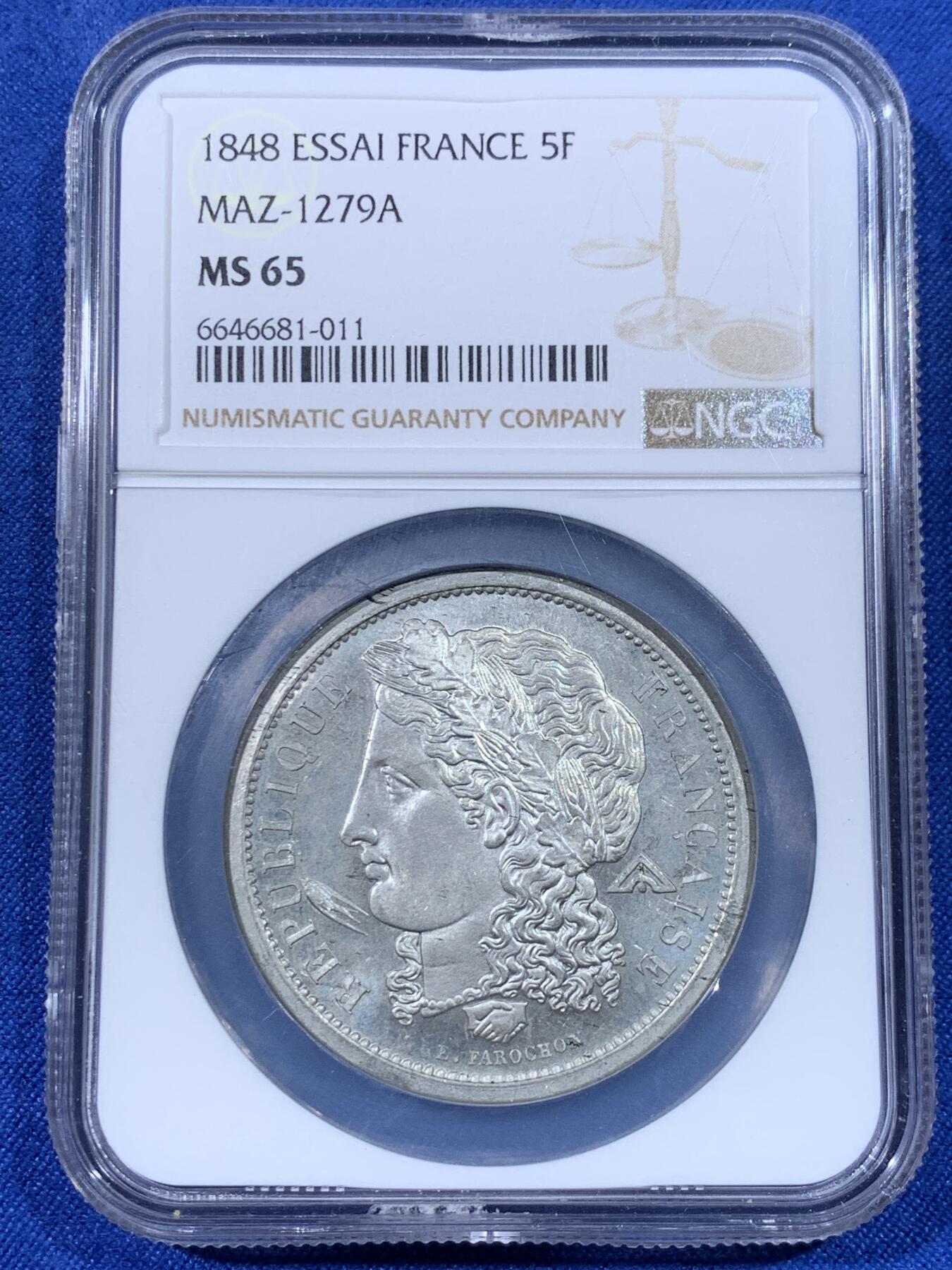 《竞宝斋》第438场 周日，周一，周二 3场连拍 （全场包邮） NGC MS65 冠军分 法兰西1848年谷物女神5法郎ESSAI样币，燕子厂标。刻画非常精美的大波浪女神，发丝头冠细节爆炸，顶级冠军分品质。同版别P盒63分今年7月麦稀奇3800元不含佣成交，分数状态均远不如此枚