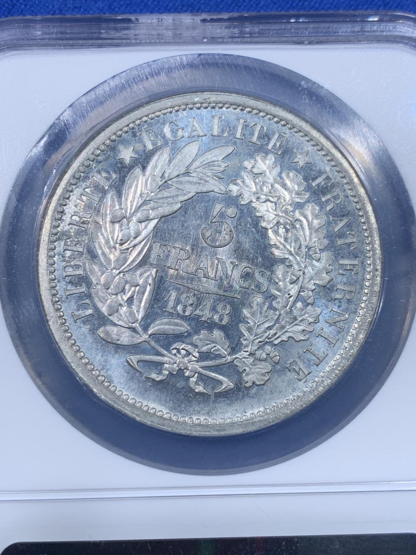 《竞宝斋》第438场 周日，周一，周二 3场连拍 （全场包邮） NGC MS65 冠军分 法兰西1848年谷物女神5法郎ESSAI样币，燕子厂标。刻画非常精美的大波浪女神，发丝头冠细节爆炸，顶级冠军分品质。同版别P盒63分今年7月麦稀奇3800元不含佣成交，分数状态均远不如此枚