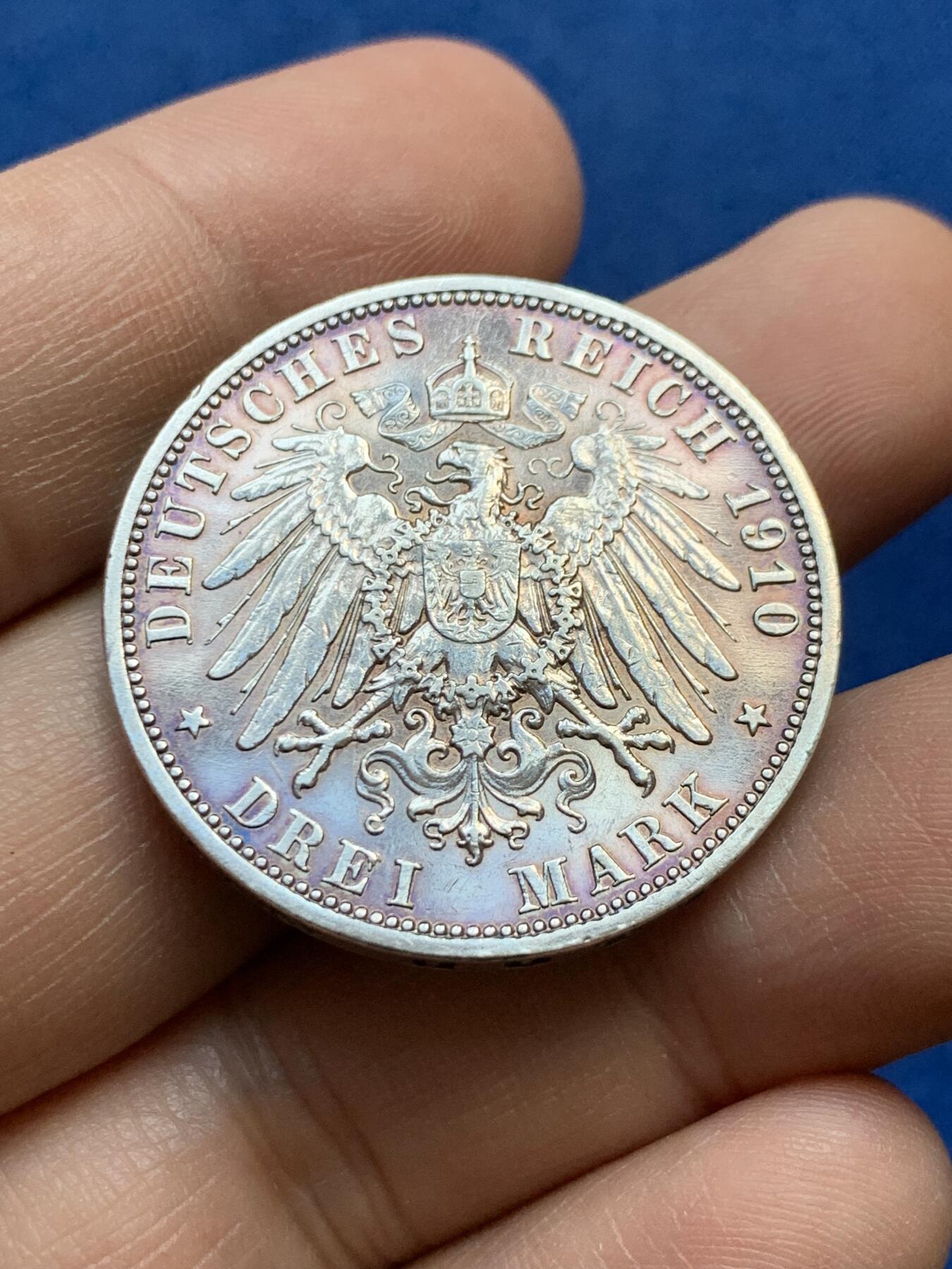 《竞宝斋》第438场 周日，周一，周二 3场连拍 （全场包邮） 德国1910年普鲁士威廉二世3马克银币