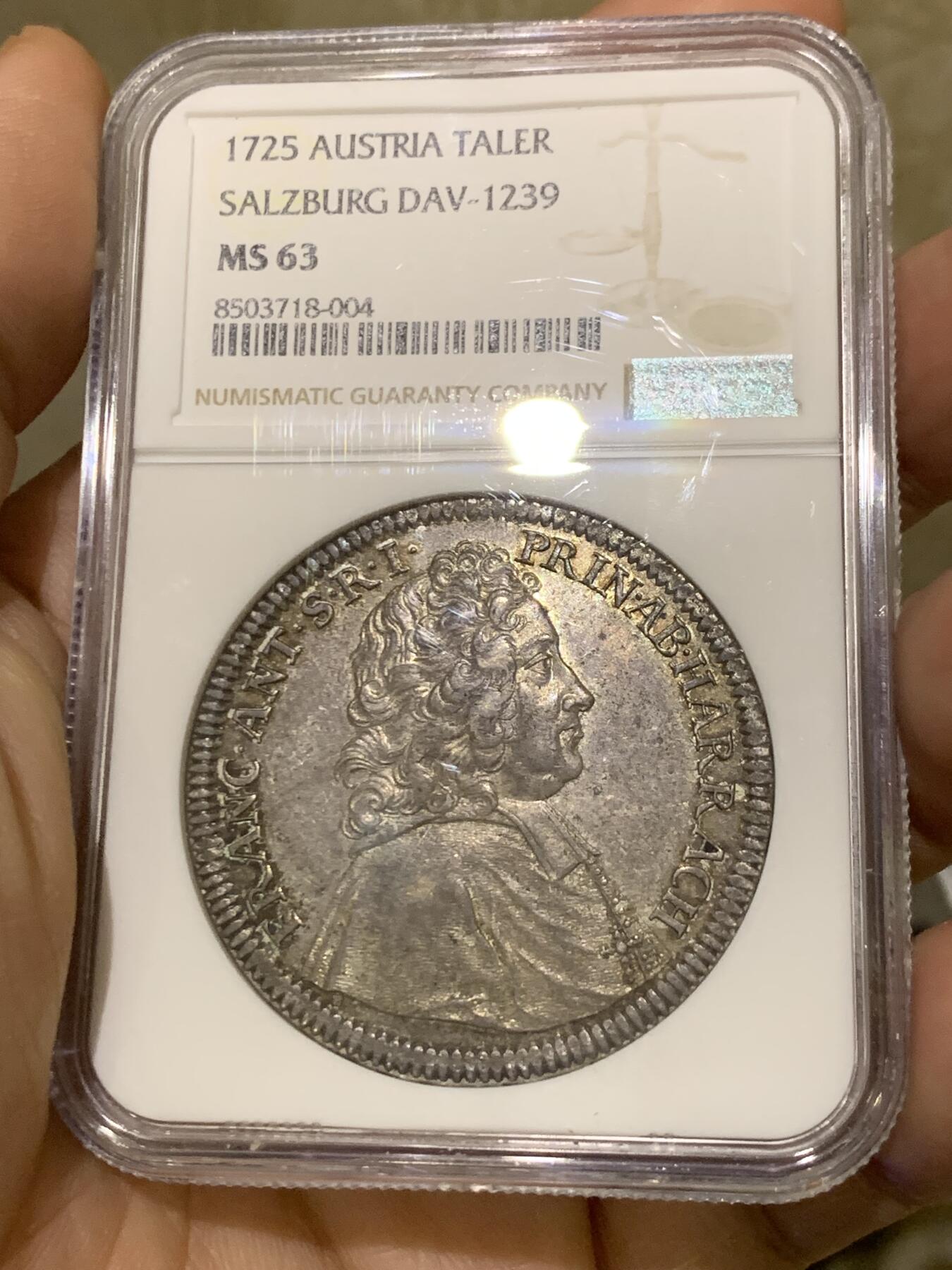 《竞宝斋》第438场 周日，周一，周二 3场连拍 （全场包邮） 唯一冠军分 NGC MS63 神圣罗马帝国 萨尔茨堡大主教区 1725年 安东尼亲王 泰勒大银币 及其难得的品种