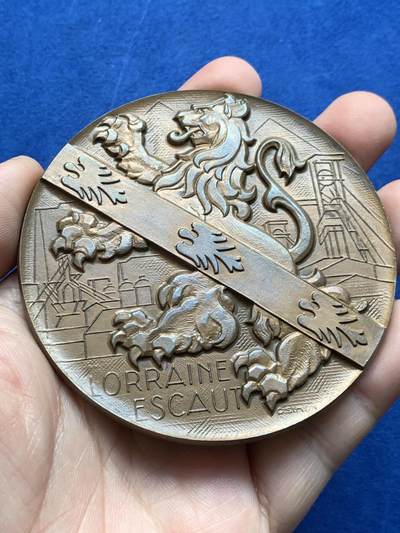 《竞宝斋》第438场 周日，周一，周二 3场连拍 （全场包邮） - 法国1959年洛林斯凯尔特纪念超大铜章，正面狮子与鹰元素融合，带丰饶角边铭，尺寸巨大厚重压手，直径81mm，重量232.6g，状态极品带盒。