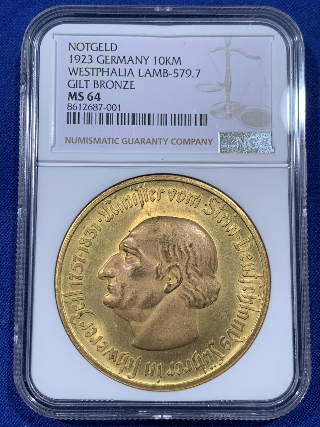 《竞宝斋》第438场 周日，周一，周二 3场连拍 （全场包邮） NGC MS64 德国1923年德紧威斯特法伦马币10000马克镀金铜币