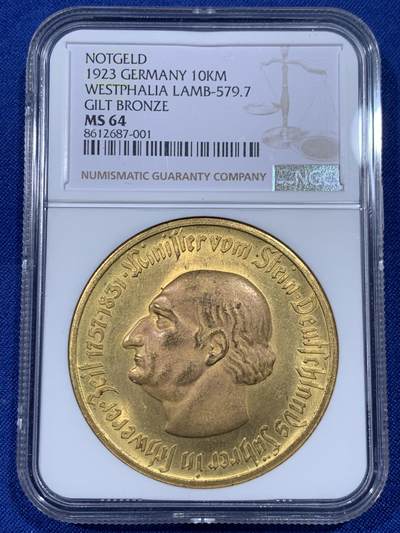 《竞宝斋》第438场 周日，周一，周二 3场连拍 （全场包邮） - NGC MS64 德国1923年德紧威斯特法伦马币10000马克镀金铜币