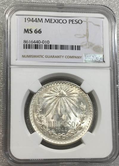世界钱币专场拍卖 每周二开拍 - NGCMS66墨西哥1944年鹰洋一比索银币 品相非常好 高分品