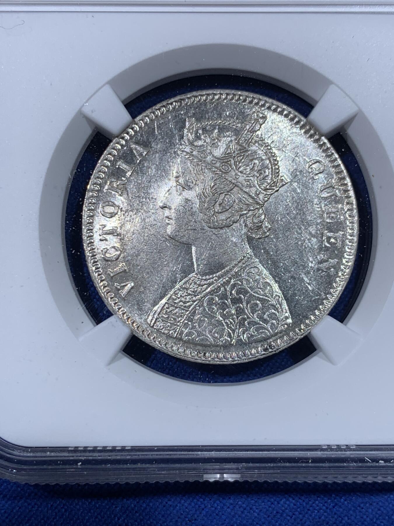 《竞宝斋》第438场 周日，周一，周二 3场连拍 （全场包邮） NGC MS61 英属印度 1862年 维多利亚 1卢比 银币 原光好品