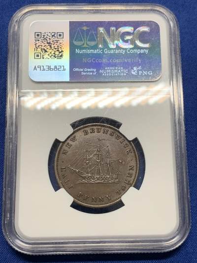 《竞宝斋》第438场 周日，周一，周二 3场连拍 （全场包邮） NGC AU58BN 加拿大1843年不伦瑞克半便士，细节不错，少见品种，目录价高，58已经难得