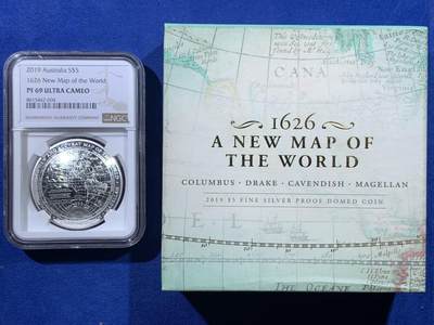 《竞宝斋》第438场 周日，周一，周二 3场连拍 （全场包邮） NGC PF69UC 澳大利亚2019年发行的1626新世界地图-西半球弧形5澳元纪念银币（重1盎司，币径39.62MM，发行量5000枚，盒证齐全）