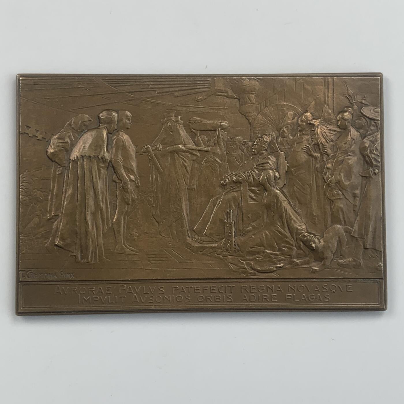 掌中浮雕-藏着的欧洲第042场 1901年第四届国际地理大会在米兰举行铜章 ，74 x 48mm，Johnson公司出品，正面刻画马可波罗觐见忽必烈的场景