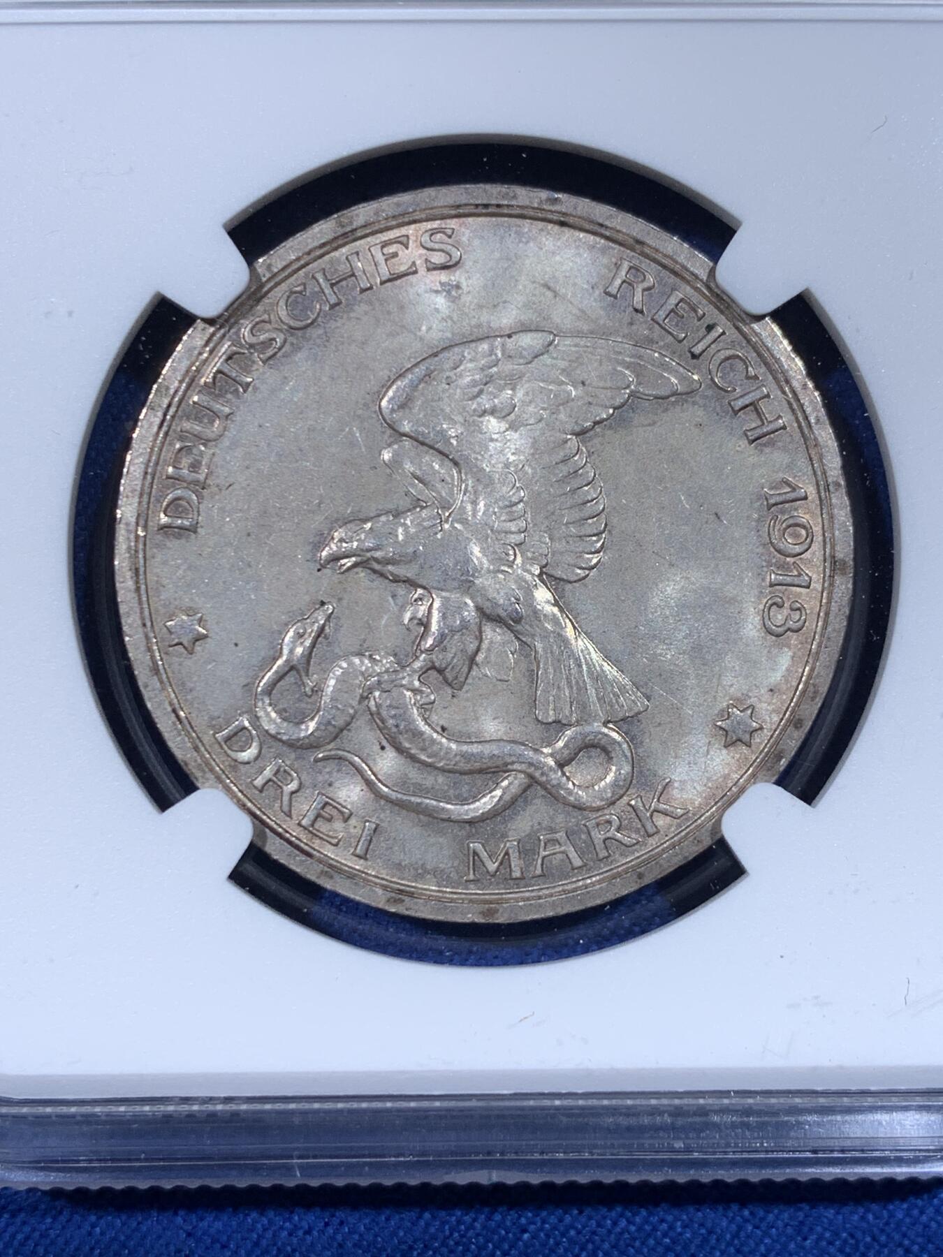 《竞宝斋》第438场 周日，周一，周二 3场连拍 （全场包邮） NGC MS63 德国1913年普鲁士战胜拿破仑纪念3马克银币