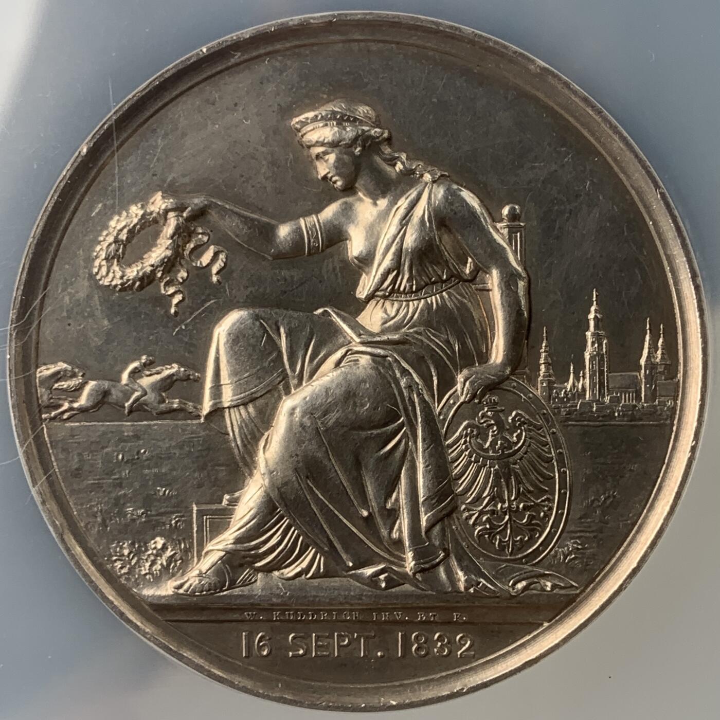 掌中浮雕-藏着的欧洲第042场 NGC UNC : 1882年西里西亚赛马俱乐部成立50周年银章，Emil Weigand 和 Friedrich Wilhelm Kullrich雕刻，50mm