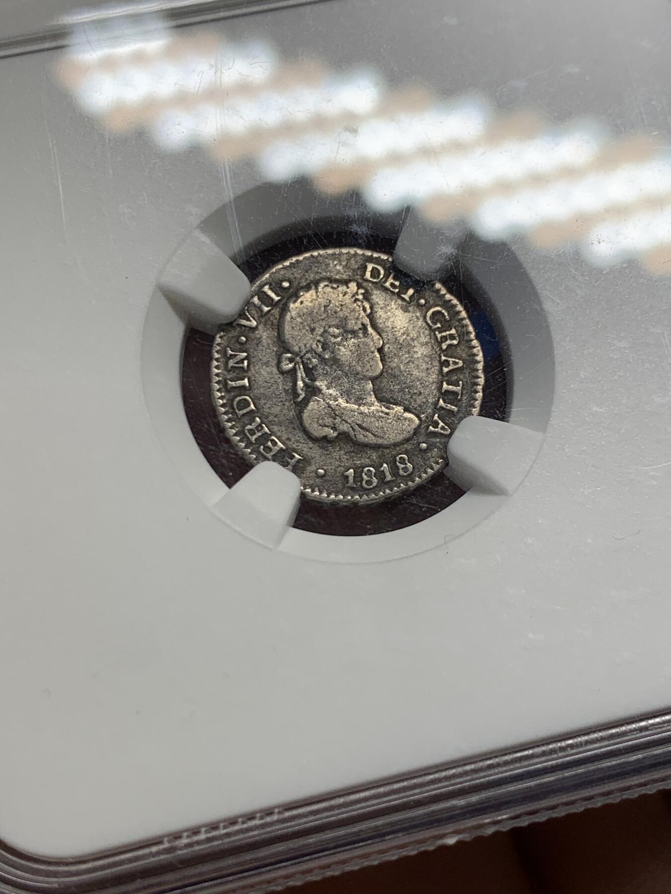 《竞宝斋》第438场 周日，周一，周二 3场连拍 （全场包邮） NGC VF30 玻利维亚 1818PTS PJ 斐迪南七世1/2R银币，不多见的品种，年份不错