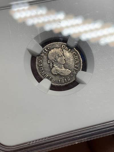 《竞宝斋》第438场 周日，周一，周二 3场连拍 （全场包邮） NGC VF30 玻利维亚 1818PTS PJ 斐迪南七世1/2R银币，不多见的品种，年份不错