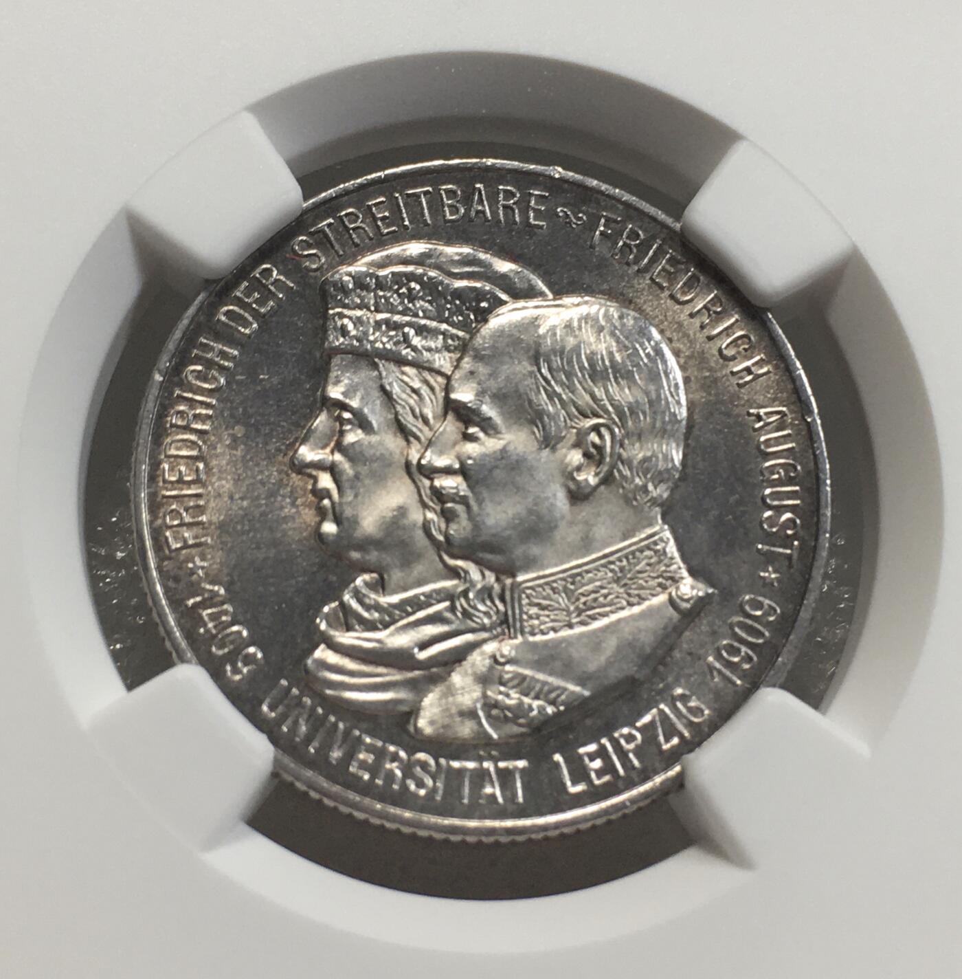 世界钱币专场拍卖 每周二开拍 NGCMS63德国萨克森1909年莱比锡大学建校500周年2马克银币
